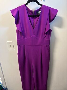 DKNY One-Shoulder Purple Jumpsuit with Flutter Detail
